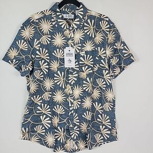 NWT Penguin Men's Blue Wing Teal Viscose Short Sleeve Shirt Size L Retail $95